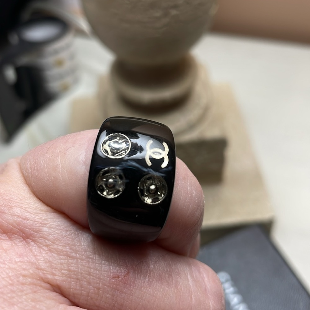 CC stamped Chanel black Resin Ring sz US 7